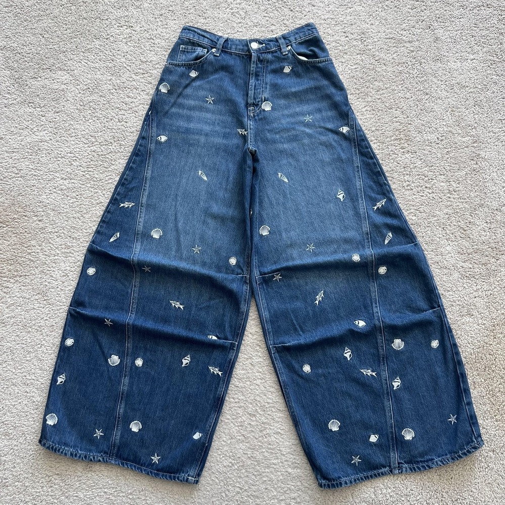 We The Free Westward Demi Wide Leg Under The Sea Jeans Women 25 Blue Embroidered
